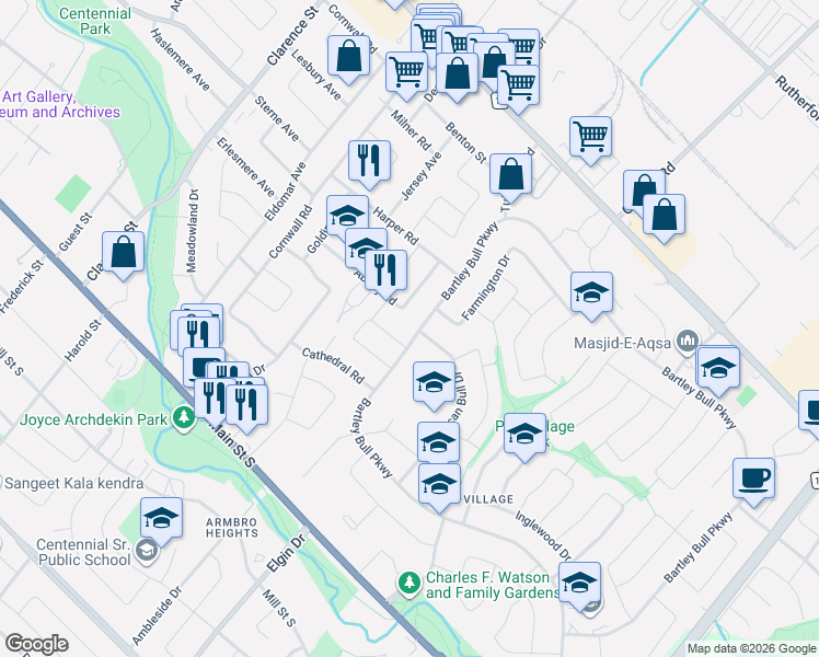 map of restaurants, bars, coffee shops, grocery stores, and more near 198 Bartley Bull Parkway in Brampton