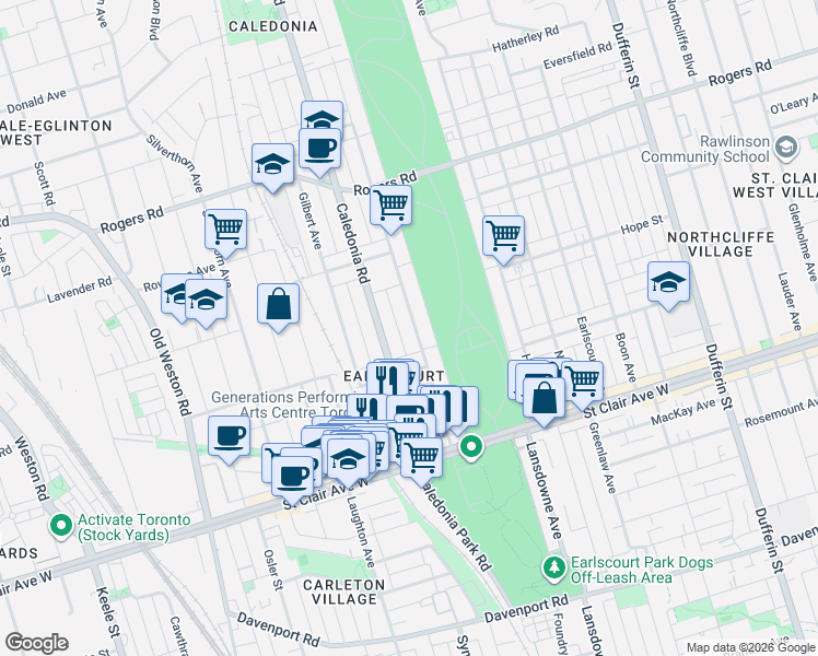 map of restaurants, bars, coffee shops, grocery stores, and more near 134 McRoberts Avenue in Toronto