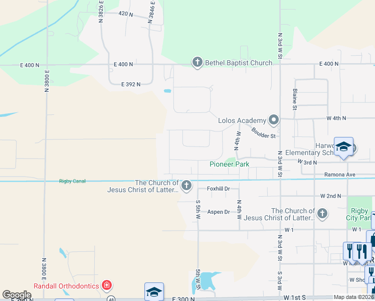 map of restaurants, bars, coffee shops, grocery stores, and more near 596 Caribou Street in Rigby