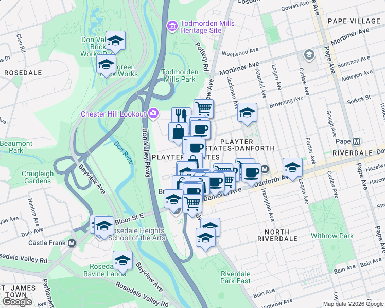 map of restaurants, bars, coffee shops, grocery stores, and more near 852 Broadview Avenue in Toronto