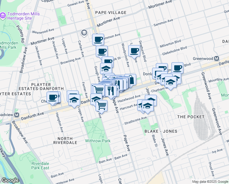 map of restaurants, bars, coffee shops, grocery stores, and more near 658 Danforth Avenue in Toronto