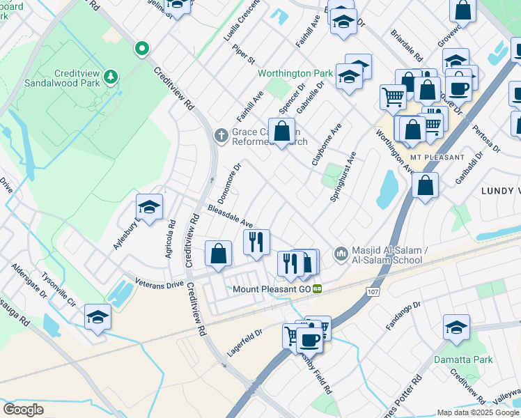 map of restaurants, bars, coffee shops, grocery stores, and more near 36 Lathbury Street in Brampton