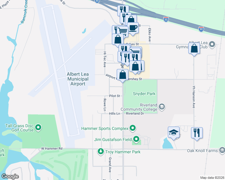 map of restaurants, bars, coffee shops, grocery stores, and more near 702 Pilot Street in Albert Lea