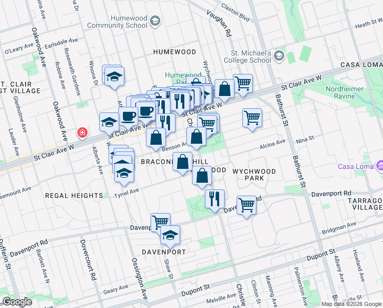 map of restaurants, bars, coffee shops, grocery stores, and more near 580 Christie Street in Toronto