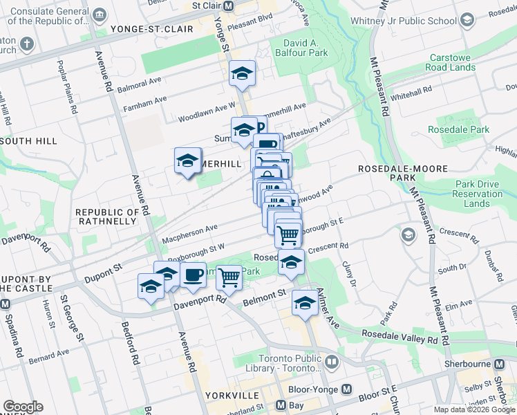 map of restaurants, bars, coffee shops, grocery stores, and more near 12 Macpherson Avenue in Toronto