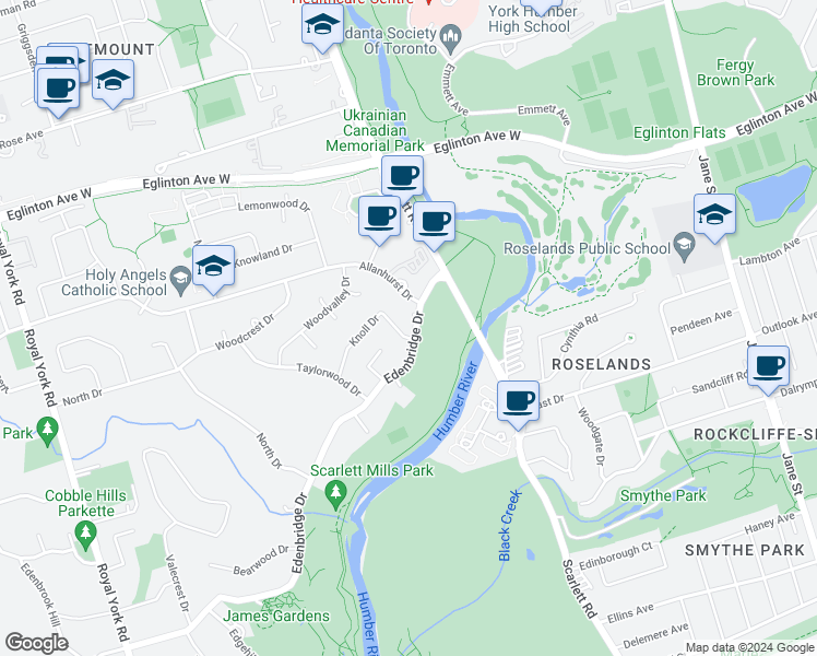 map of restaurants, bars, coffee shops, grocery stores, and more near 242 Edenbridge Drive in Toronto