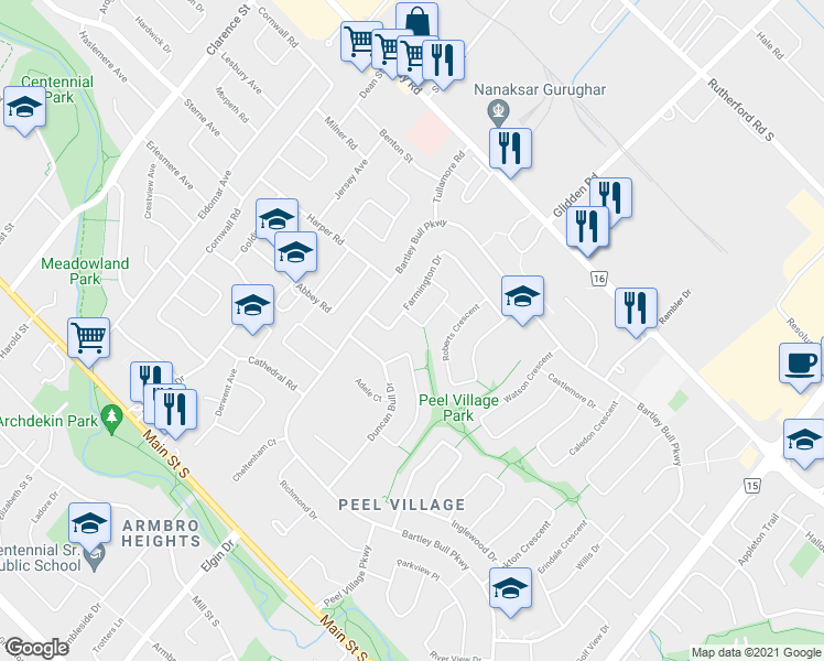 map of restaurants, bars, coffee shops, grocery stores, and more near 5 Norval Crescent in Brampton