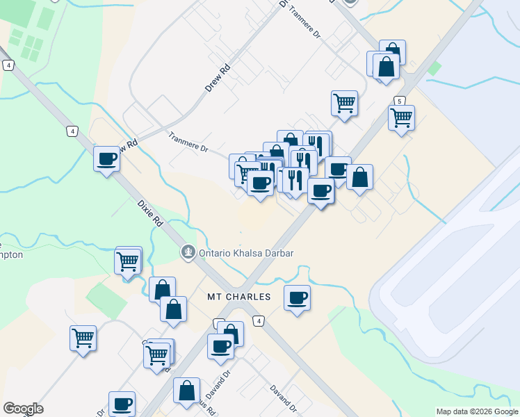 map of restaurants, bars, coffee shops, grocery stores, and more near 7885 Tranmere Drive in Mississauga