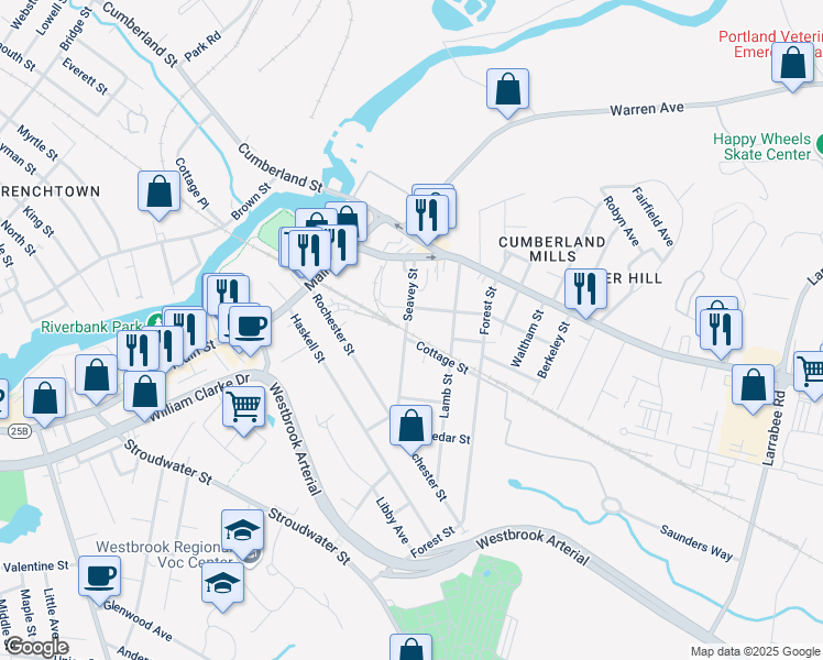 map of restaurants, bars, coffee shops, grocery stores, and more near 68 Seavey Street in Westbrook