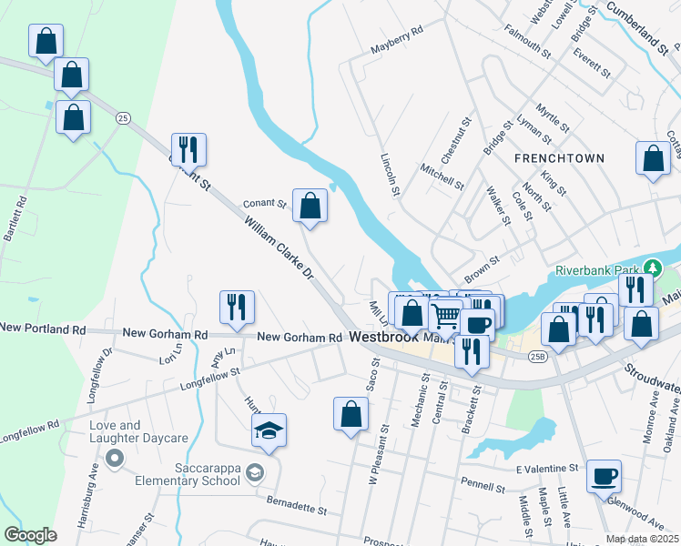 map of restaurants, bars, coffee shops, grocery stores, and more near 13 Breton Street in Westbrook