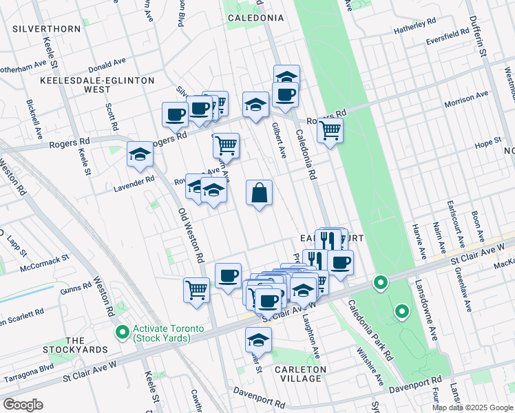 map of restaurants, bars, coffee shops, grocery stores, and more near 163 Silverthorn Avenue in Toronto