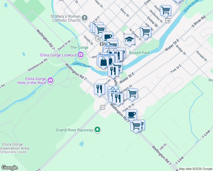 map of restaurants, bars, coffee shops, grocery stores, and more near 61 Victoria Street in Elora