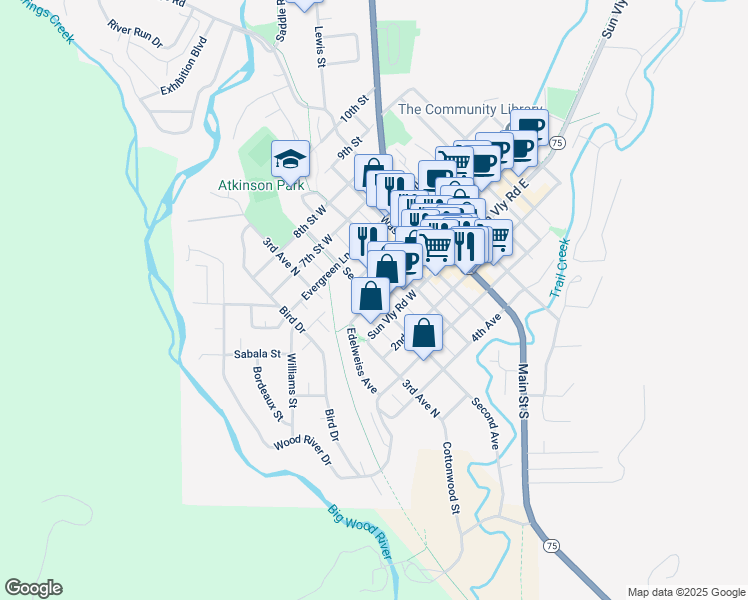 map of restaurants, bars, coffee shops, grocery stores, and more near 193 Sun Valley Road West in Ketchum