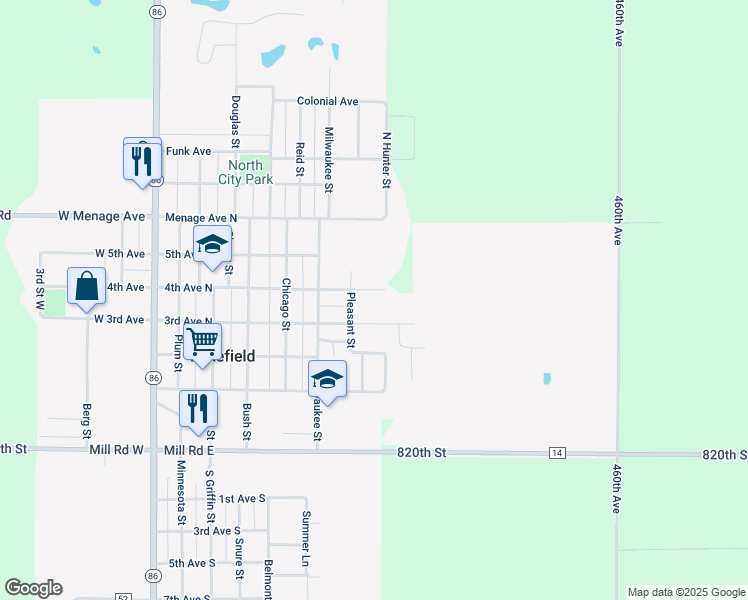 map of restaurants, bars, coffee shops, grocery stores, and more near 801 3rd Avenue North in Lakefield