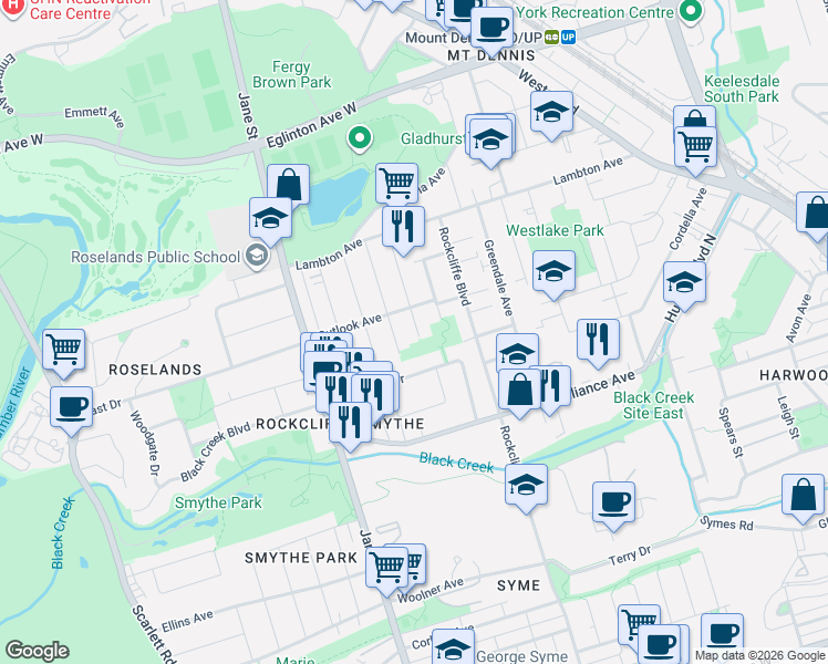 map of restaurants, bars, coffee shops, grocery stores, and more near 80 Gray Avenue in Toronto