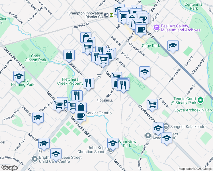 map of restaurants, bars, coffee shops, grocery stores, and more near 37 Jessie Street in Brampton