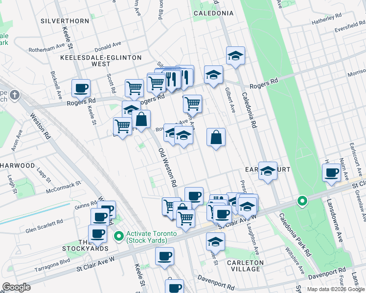 map of restaurants, bars, coffee shops, grocery stores, and more near 94 Rosethorn Avenue in Toronto