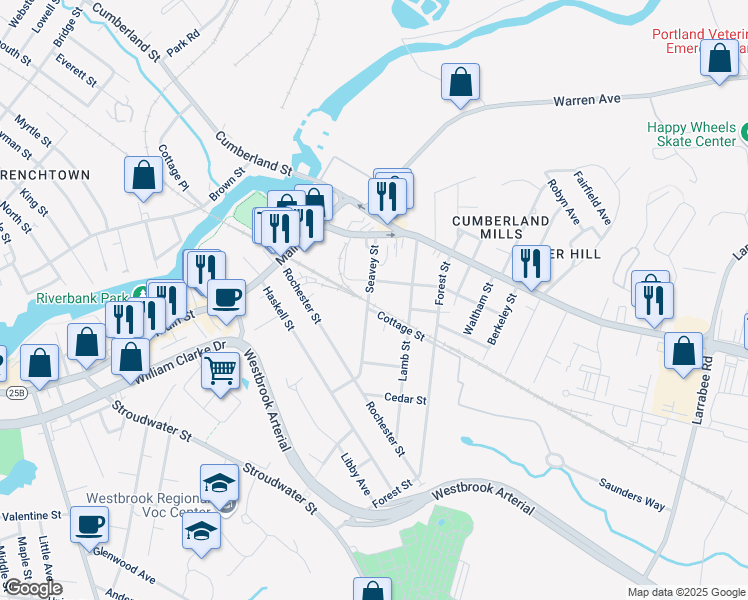 map of restaurants, bars, coffee shops, grocery stores, and more near 68 Seavey Street in Westbrook