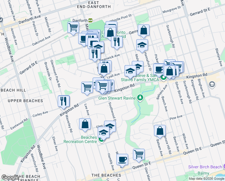 map of restaurants, bars, coffee shops, grocery stores, and more near 678 Kingston Road in Toronto