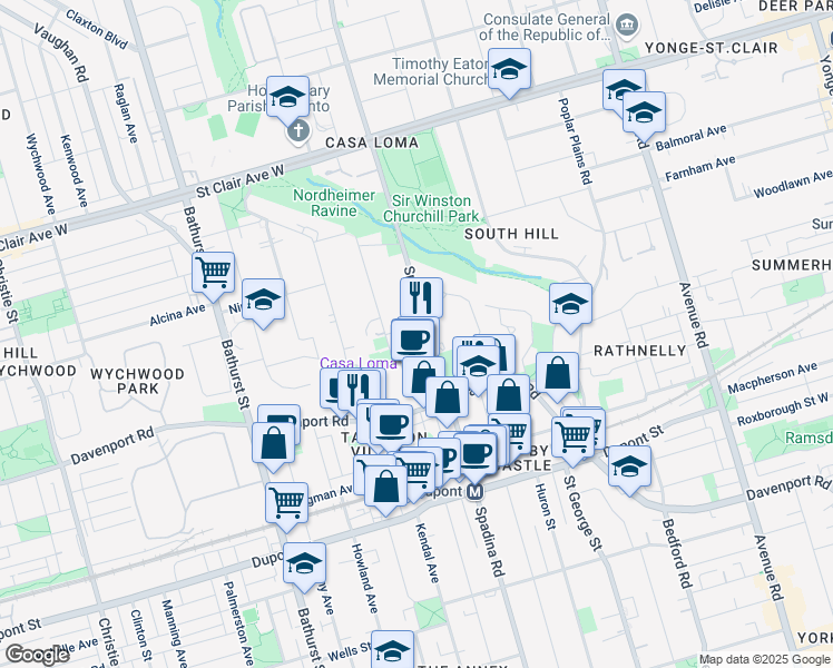 map of restaurants, bars, coffee shops, grocery stores, and more near 7 Castle View Avenue in Toronto