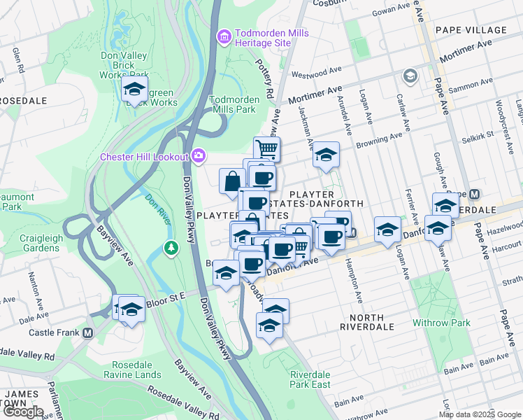 map of restaurants, bars, coffee shops, grocery stores, and more near 837 Broadview Avenue in Toronto