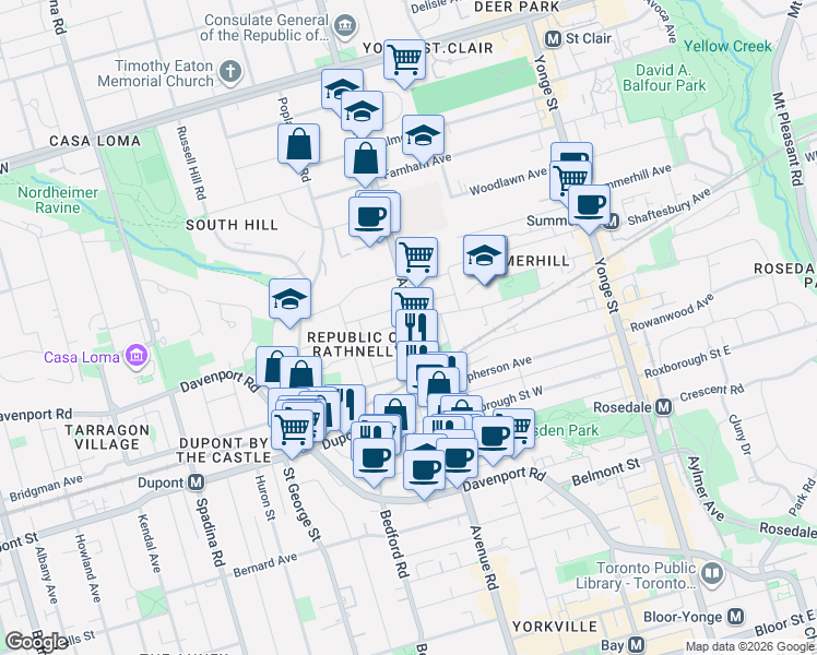 map of restaurants, bars, coffee shops, grocery stores, and more near 296 Avenue Road in Toronto