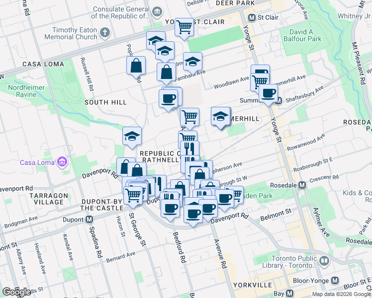 map of restaurants, bars, coffee shops, grocery stores, and more near 296 Avenue Road in Toronto