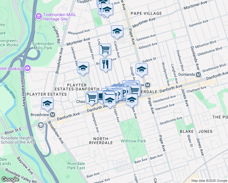 map of restaurants, bars, coffee shops, grocery stores, and more near 939 Logan Avenue in Toronto