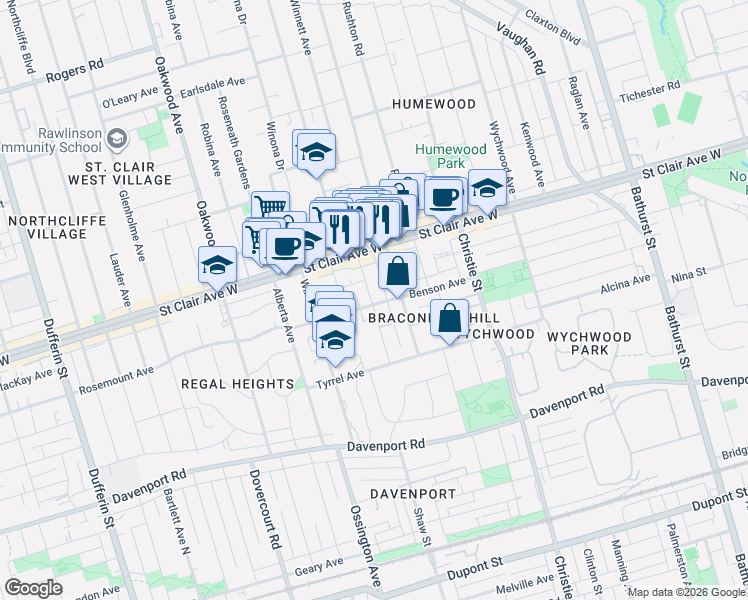 map of restaurants, bars, coffee shops, grocery stores, and more near 69 Greensides Avenue in Toronto