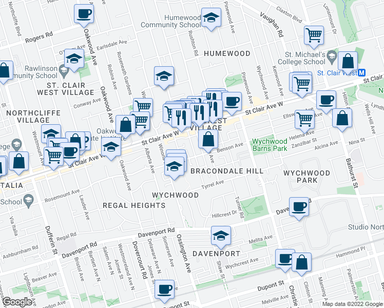 map of restaurants, bars, coffee shops, grocery stores, and more near 60 Greensides Avenue in Toronto