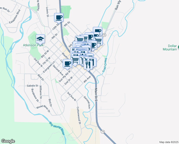 map of restaurants, bars, coffee shops, grocery stores, and more near 151 Main Street South in Ketchum