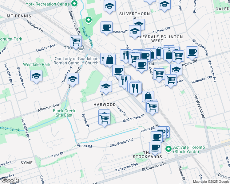 map of restaurants, bars, coffee shops, grocery stores, and more near 30 Cayuga Avenue in Toronto
