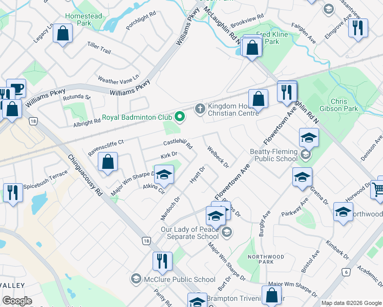 map of restaurants, bars, coffee shops, grocery stores, and more near 67 Castlehill Road in Brampton
