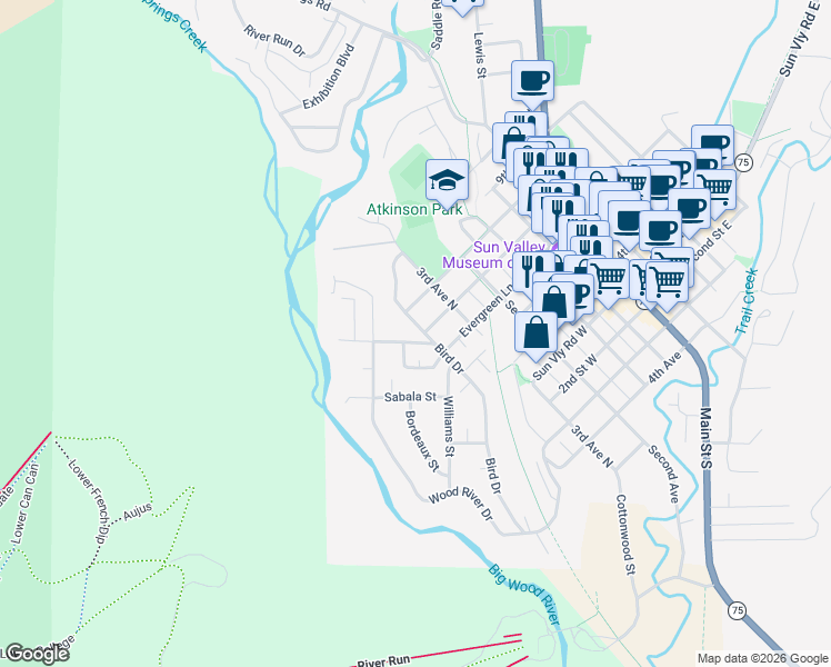 map of restaurants, bars, coffee shops, grocery stores, and more near 371 7th Street West in Ketchum