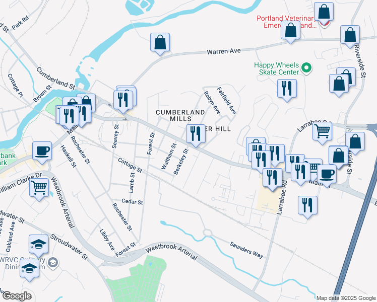 map of restaurants, bars, coffee shops, grocery stores, and more near 307 Main Street in Westbrook