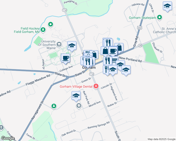 map of restaurants, bars, coffee shops, grocery stores, and more near in Gorham