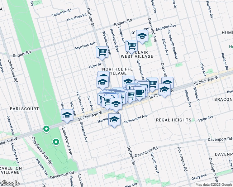 map of restaurants, bars, coffee shops, grocery stores, and more near 1723 Dufferin Street in Toronto