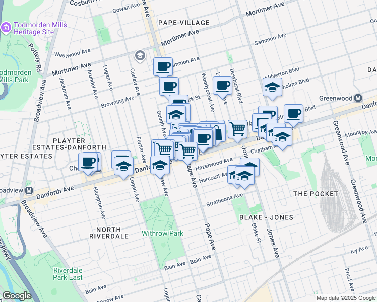 map of restaurants, bars, coffee shops, grocery stores, and more near 717 Pape Avenue in Toronto