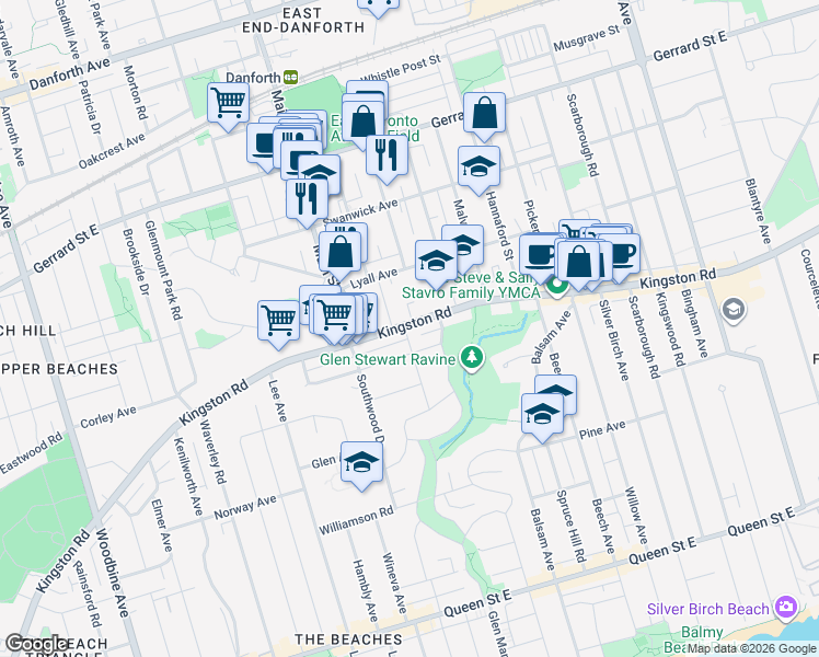 map of restaurants, bars, coffee shops, grocery stores, and more near 69 Winthorpe Road in Toronto
