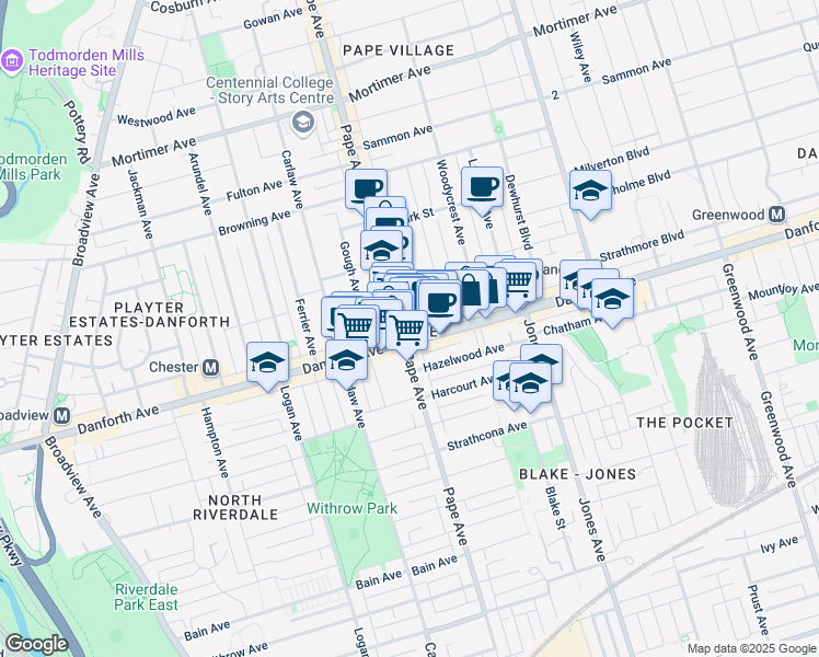 map of restaurants, bars, coffee shops, grocery stores, and more near 26 Lipton Avenue in Toronto