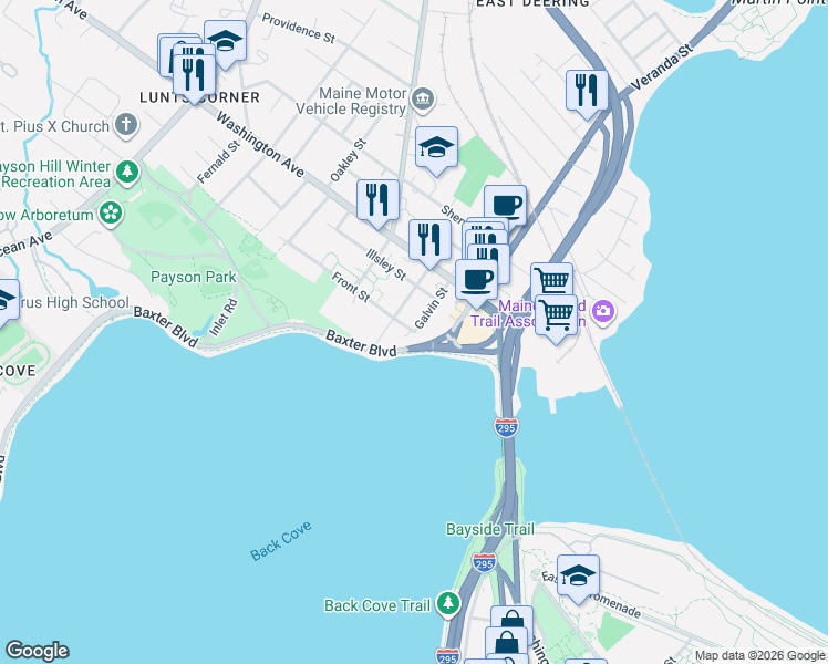 map of restaurants, bars, coffee shops, grocery stores, and more near Front St & Galvin St in Portland