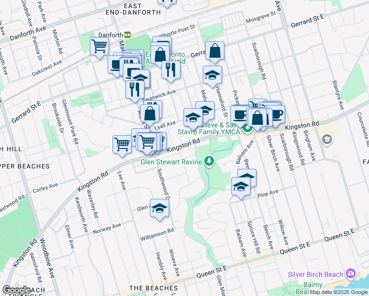 map of restaurants, bars, coffee shops, grocery stores, and more near 724 A Kingston Road in Toronto
