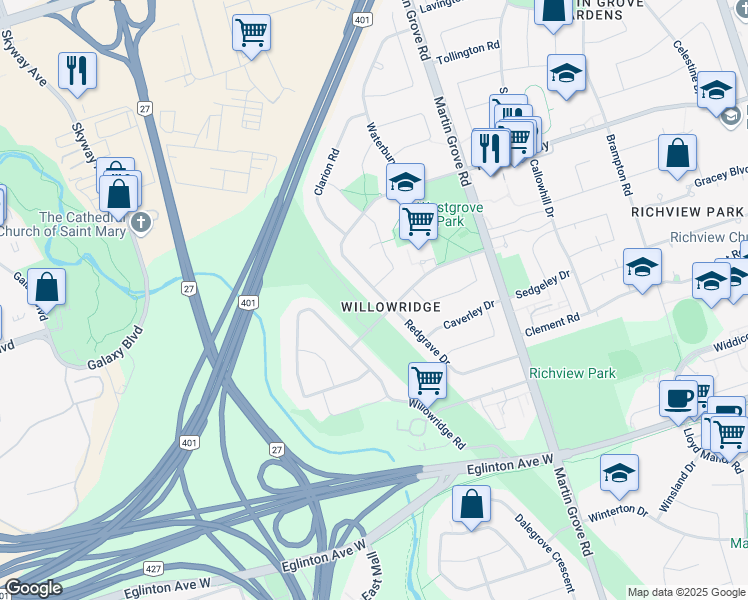 map of restaurants, bars, coffee shops, grocery stores, and more near 130 Redgrave Drive in Toronto