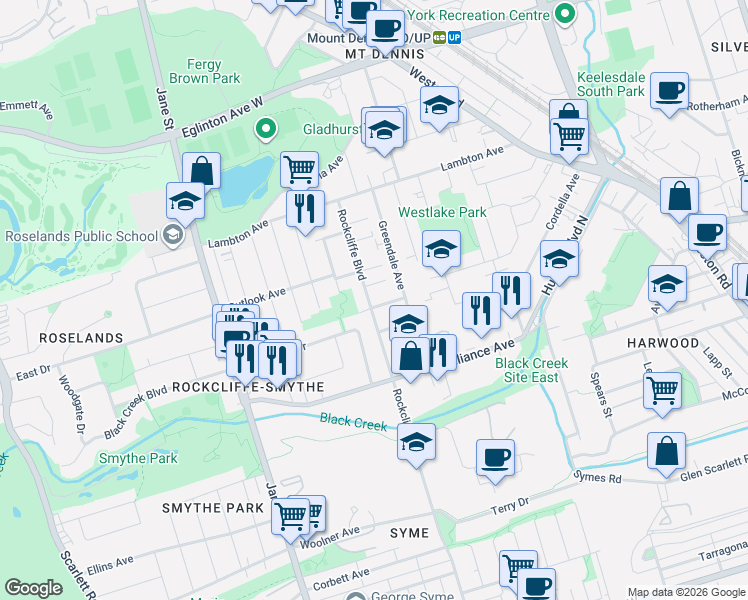 map of restaurants, bars, coffee shops, grocery stores, and more near 75 Rockcliffe Boulevard in Toronto