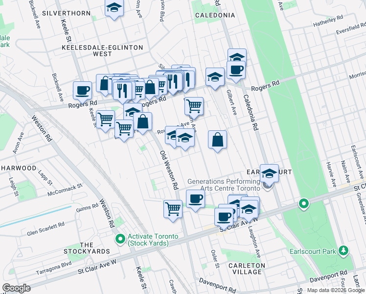 map of restaurants, bars, coffee shops, grocery stores, and more near in Toronto