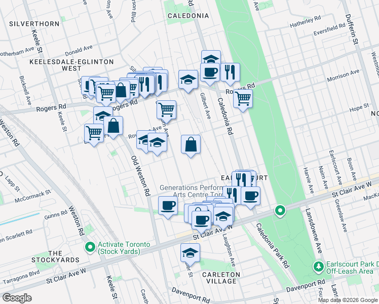 map of restaurants, bars, coffee shops, grocery stores, and more near 203 Blackthorn Avenue in Toronto