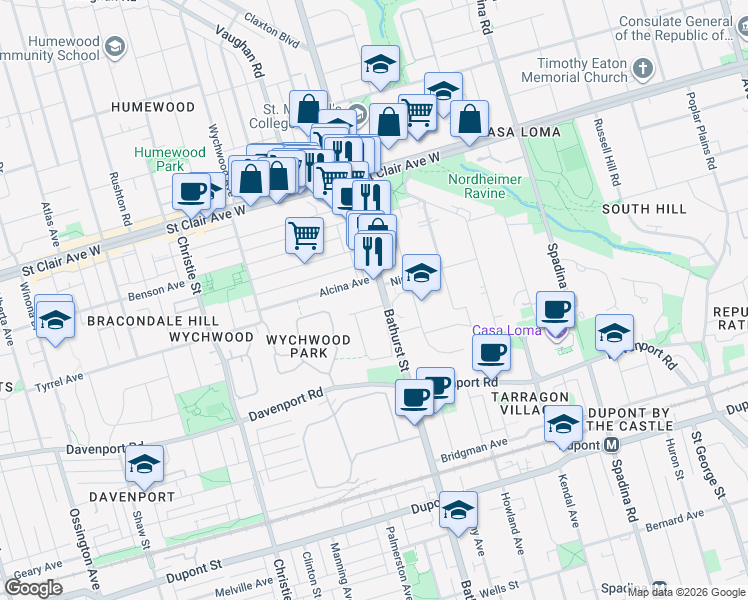 map of restaurants, bars, coffee shops, grocery stores, and more near 101 Burnside Drive in Toronto