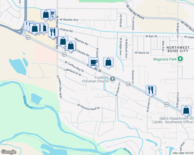 map of restaurants, bars, coffee shops, grocery stores, and more near 9995 West State Street in Boise