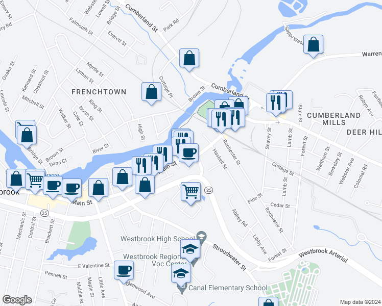 map of restaurants, bars, coffee shops, grocery stores, and more near 573 Main Street in Westbrook