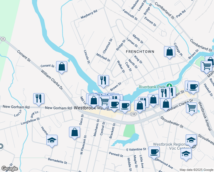 map of restaurants, bars, coffee shops, grocery stores, and more near 87 Bridge Street in Westbrook